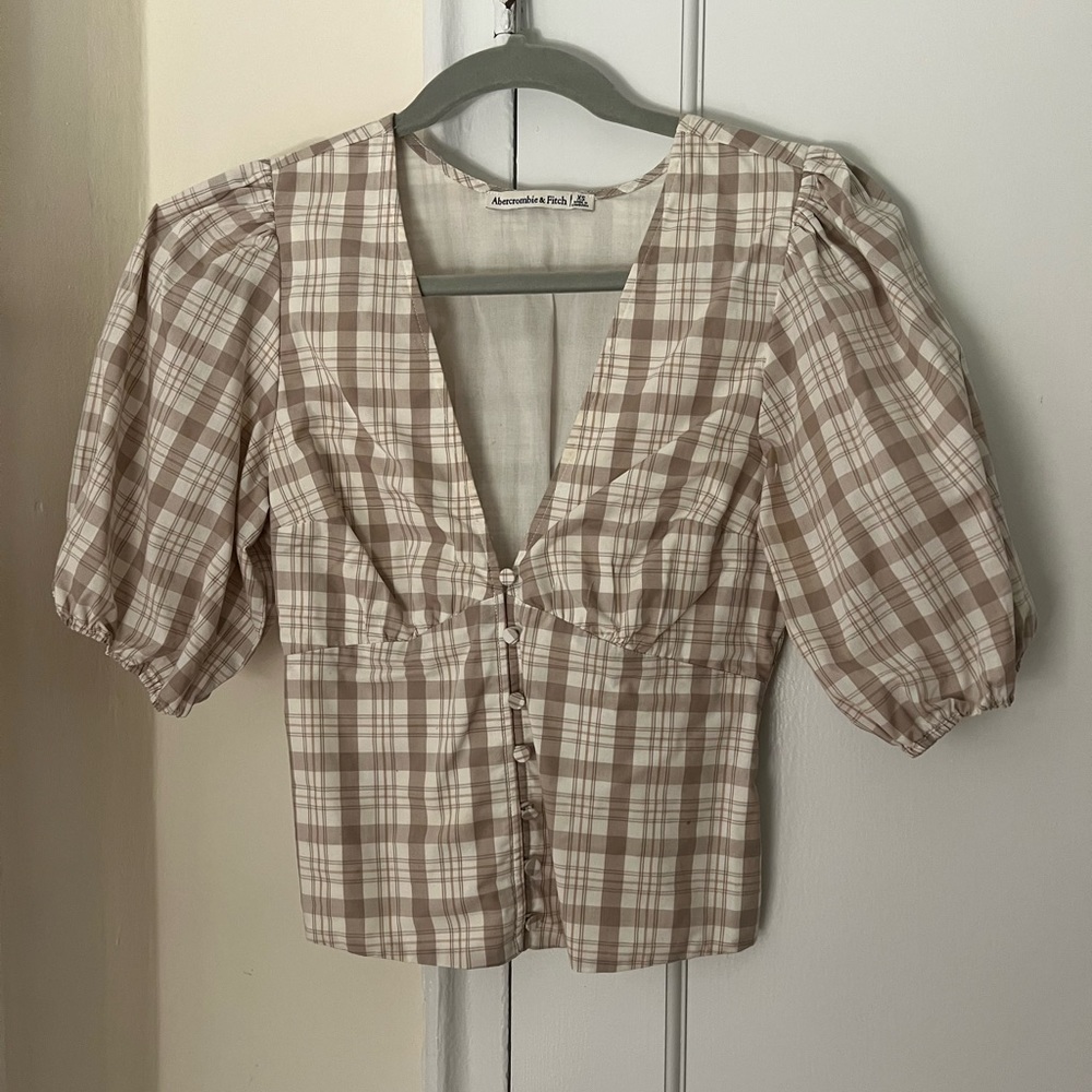 Abercrombie & Fitch Beige and White Plaid Puff Sleeve Top